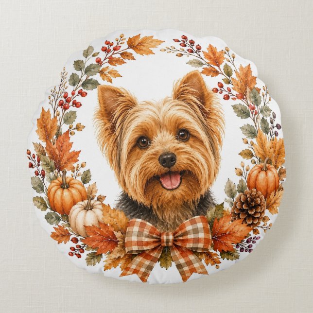 Almofada Redonda Yorkshire Terrier Outono (Frente)