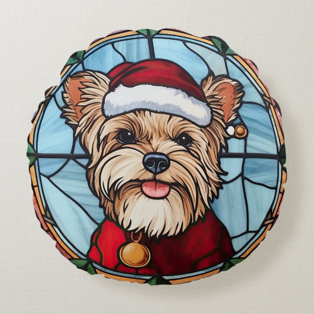 Almofada Redonda Yorkshire Terrier Vidro Colorido Natal (Frente)