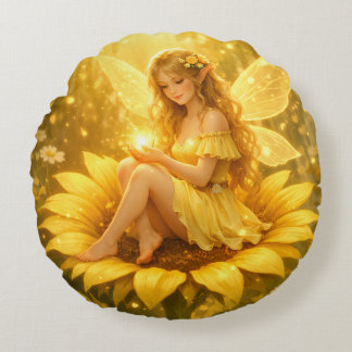 Almofada Redonda Zarte Elfe auf einer Sonnenblume 