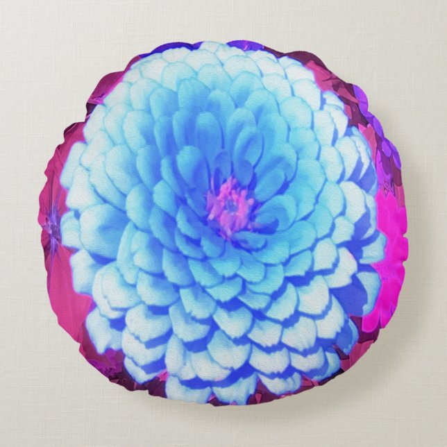 Almofada Redonda Zinnia Azul bonito no Jardim de Verão Roxo (Frente)