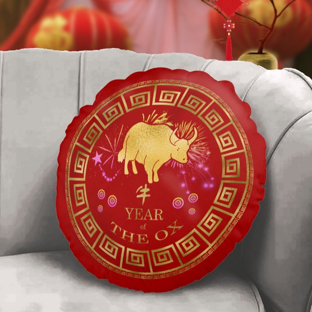 Almofada Redonda Zodiac Ox Red/Dourado ID542 chinês (Criador carregado)