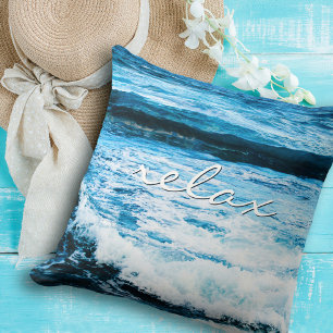 Almofada "Relaxe" Citação Havaí Turquoise Ocean Waves Fo