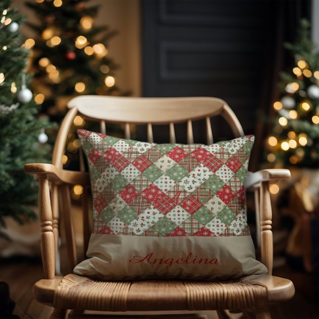 Almofada remendo de natal nome Verde Vermelho bege (Criador carregado)
