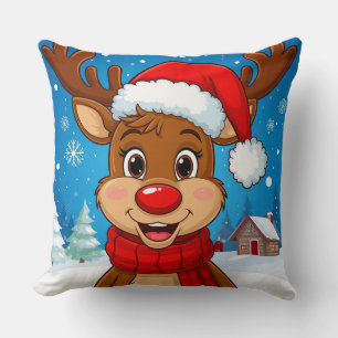 Almofada Rena de desenho animado com chapéu de Papai Noel