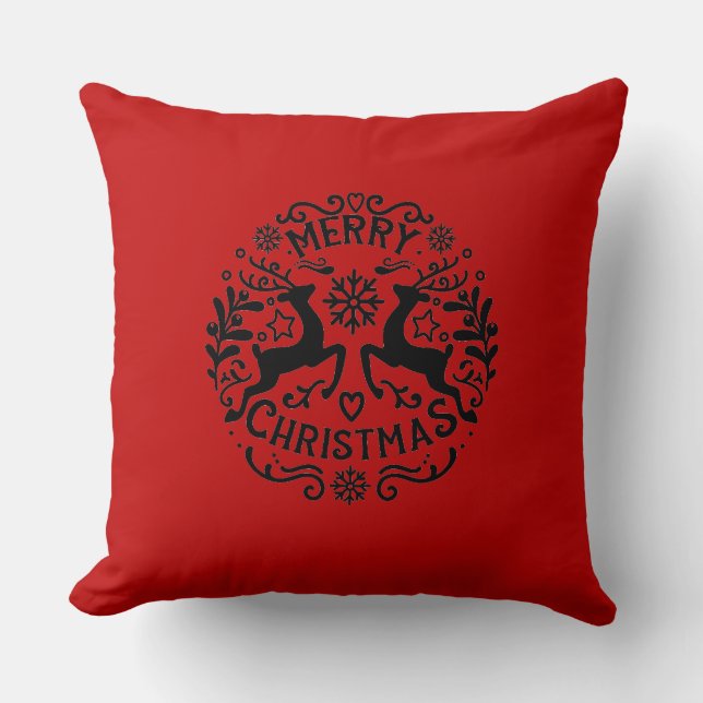 Almofada Rena de Natal Alegre, Vermelho Preto (Frente)