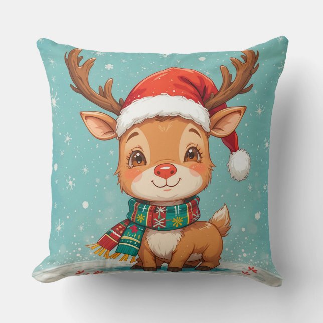 Almofada Rena Desenhada Com Chapéu De Papai Noel (Frente)