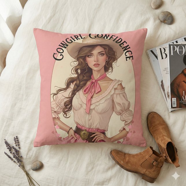 Almofada Retrato da Moda Ocidental da Coquette Cowgirl (Coquette Cowgirl Western Fashion Portrait Throw Pillow Mockup A)