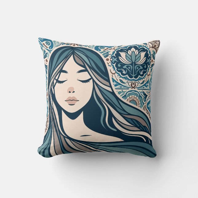 Almofada Retrato da Mulher do Mosaico Boho com Arte Azul Fl (Frente)