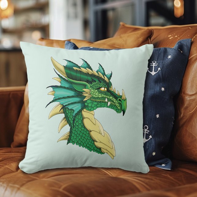 Almofada Retrato de Cabeça de Dragão Verde Esmeralda Fantas (Criador carregado)