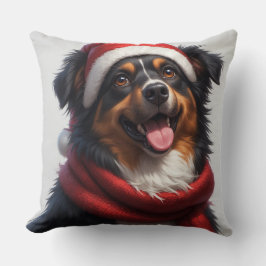 Almofada Retrato de cachorro feliz no Natal com chapéu de P