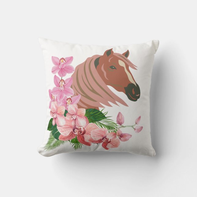 Almofada Retrato de cavalos com floração de orquídeas (Frente)