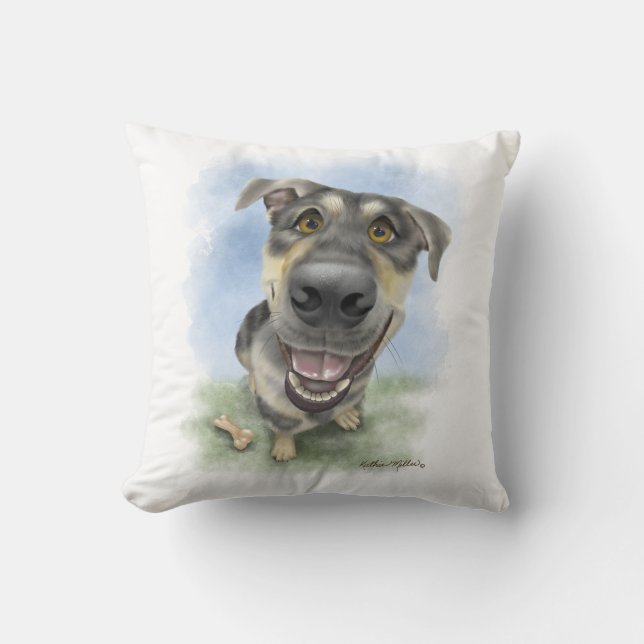 Almofada Retrato de Desenho Animado de Cachorro Feliz (Frente)