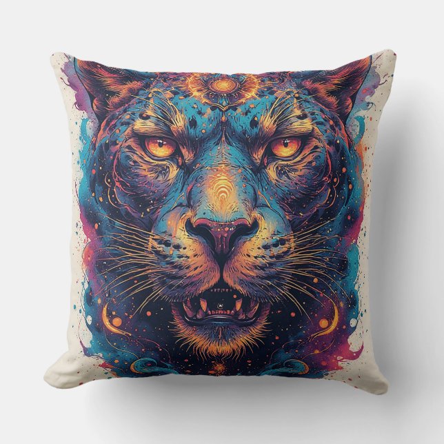 Almofada Retrato de Leopardo Cósmico Com Efeito Místico (Frente)