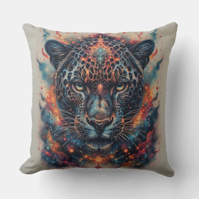 Almofada Retrato de Leopardo Cósmico Com Efeito Místico (Frente)