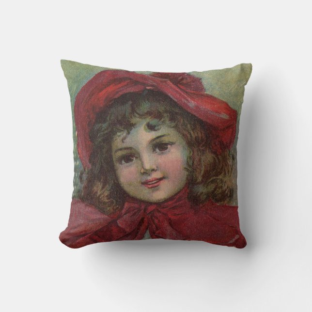 Almofada Retrato de Menina com Chapéu Vermelho de Natal Vit (Frente)