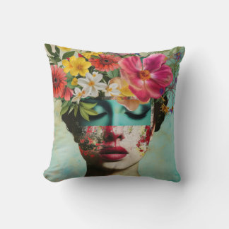 Almofada Retrato de mulher com flores da moda na cabeça.
