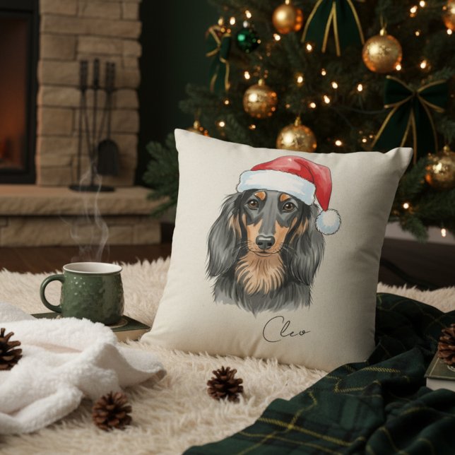 Almofada Retrato de Natal Dachshund Desenhado à Mão Persona (Add a special touch to your home with this custom pet portrait throw pillow! )