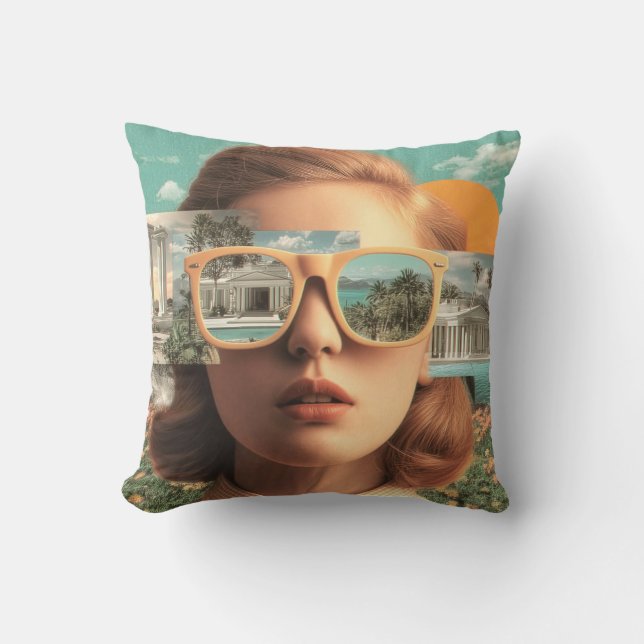 Almofada Retrato feminino surreal com óculos de sol retrô (Frente)