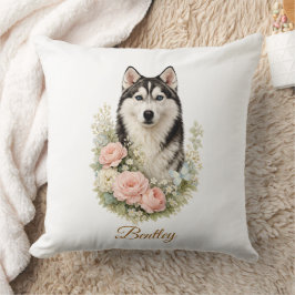 Almofada Retrato Floral de Husky Siberiano