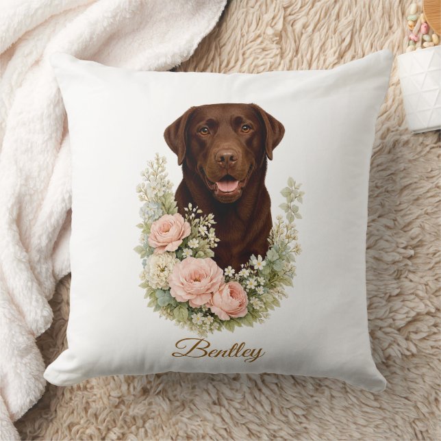 Almofada Retrato Floral de Labrador Chocolate (Cobertor)