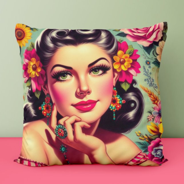 Almofada Retrato Fofo de Pin-up Floral Retro (Criador carregado)