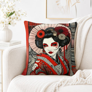 Almofada Retrato Gótico de Geisha Japonesa Vermelho Preto