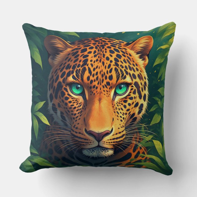 Almofada Retrato Vibrante de Leopardo com Olhos Esmeralda (Frente)