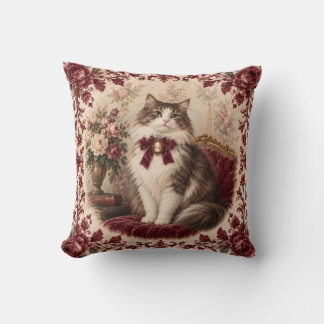 Almofada Retrato Vitoriano de Gato com Floral Borgonha Vint