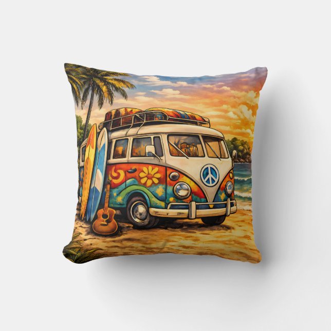 Almofada Retro 60s Hippie Beach Bus Sunset | Surf Van Life (Frente)