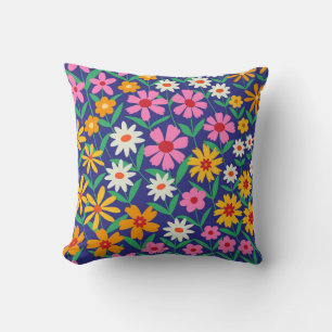 Almofada Retro Boho Primavera Flores Coloridas em Azul Mari