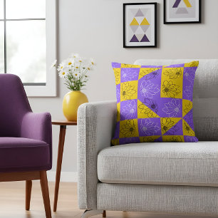 Almofada Retro Boho Roxo & Amarelo Xadrez de Margaridas