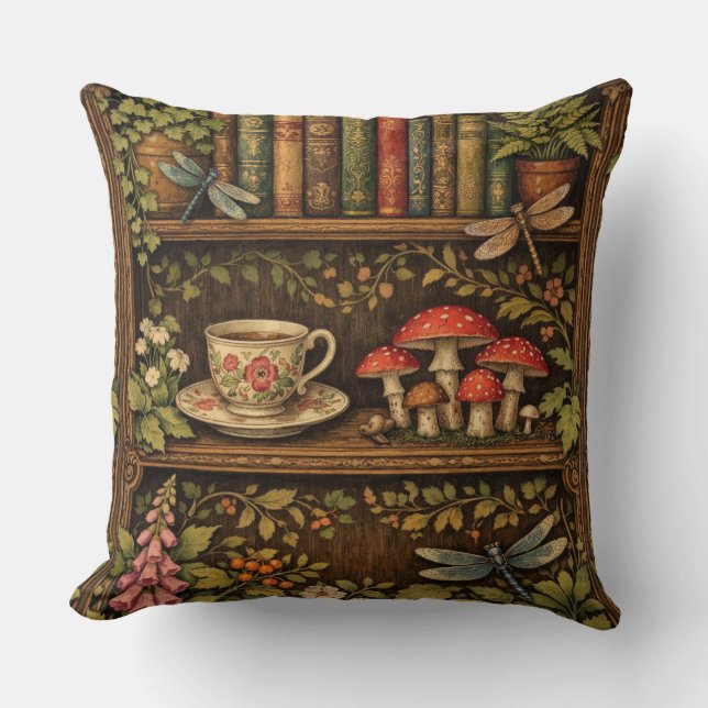 Almofada Retro book shelf mushrooms coffee floral  (Frente)