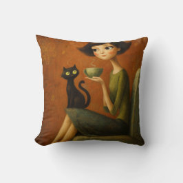 Almofada Retro Cozy Morning Black Cat Aesthetic 