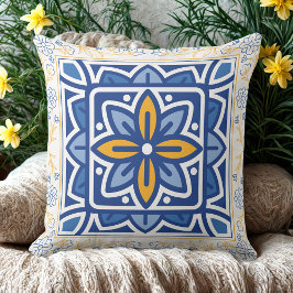 Almofada Retro Dourado e azul-mediterrânico do Azulejo Flor
