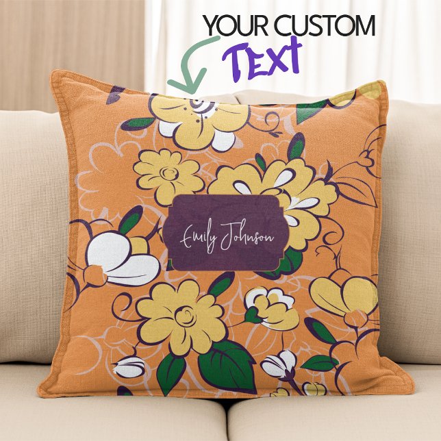 Almofada Retro Floral Daisy Orange Autumn Custom Name (Bohemian Meadow Floral Sketch Style Throw Pillow)