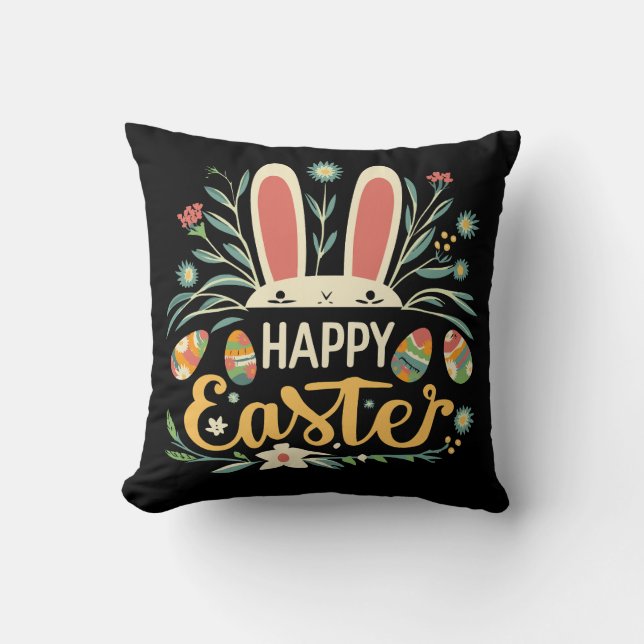 Almofada Retro Floral Happy Easter Bunny Boho Spring (Frente)