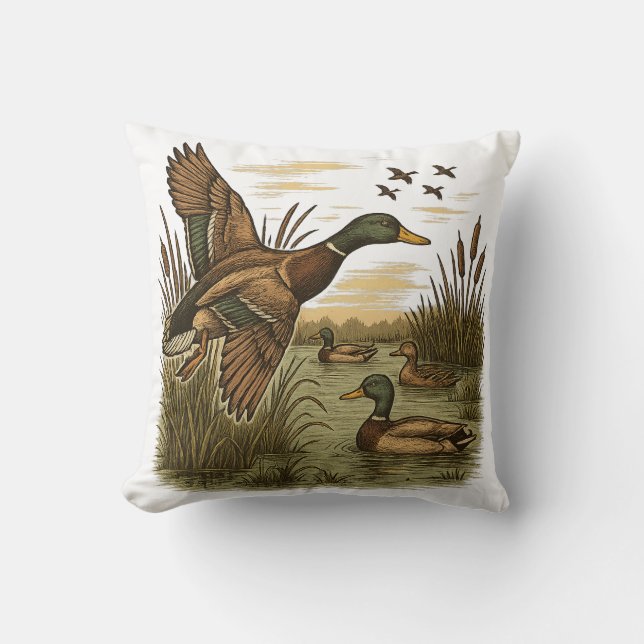 Almofada Retro-Flying-Mallard-Duck-Hunting,  (Frente)