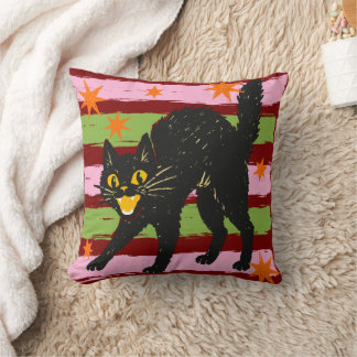 Almofada Retro Fofo Halloween Gato Preto com Listras Estrel