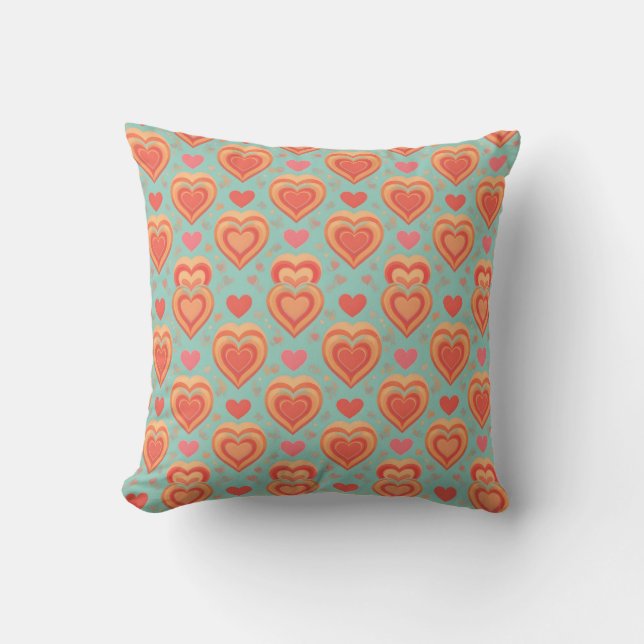 Almofada  Retro Groovy Hearts 70s Valentine Love Coral Mint (Frente)