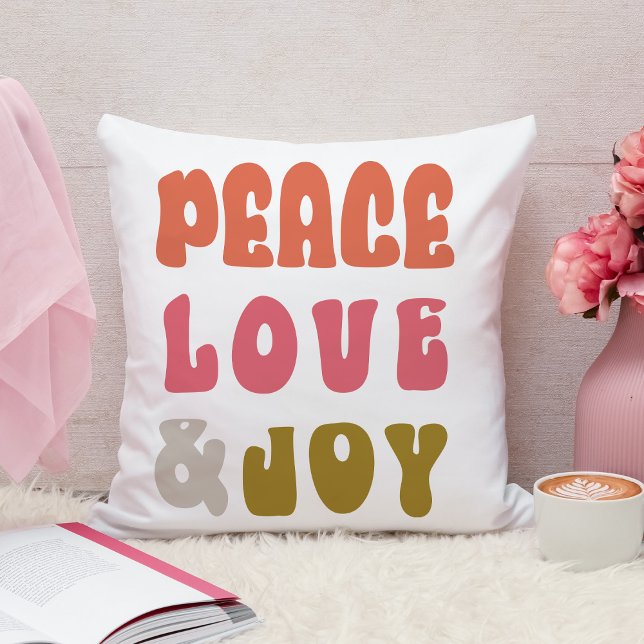 Almofada Retro Groovy Paz Amor Alegria Feriado  (Back Photo Retro Groovy Peace Love Joy Holiday Photo Throw Pillow)