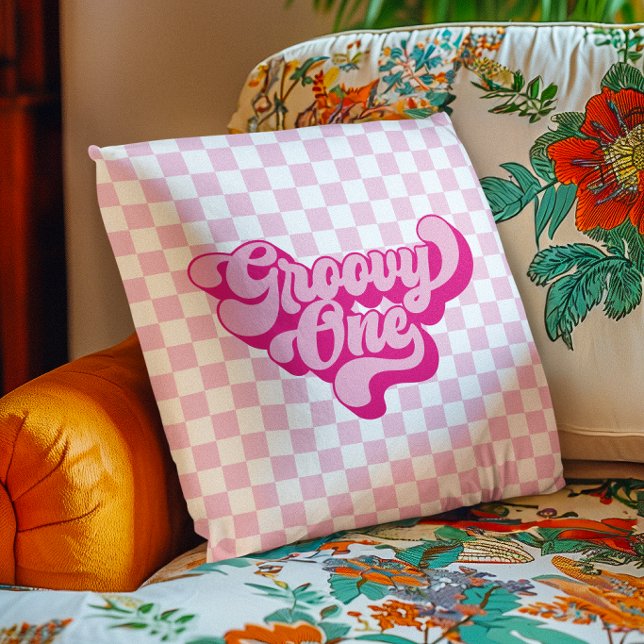 Almofada Retro Groovy Um Xadrez Rosa e Branco (Retro Groovy One Pink and White Check Throw Pillow
)