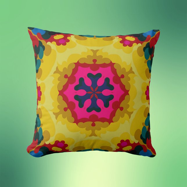 Almofada Retro Mandala Amarelo Azul e Rosa (Criador carregado)