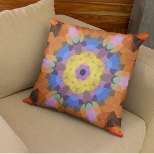 Almofada Retro Mandala Flor Amarelo Azul e Laranja