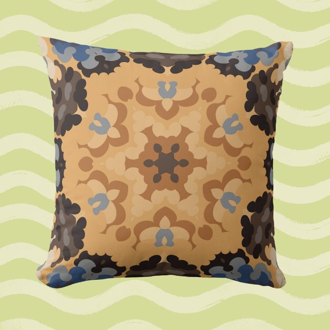 Almofada Retro Mandala Flor Azul Laranja e Castanho (Criador carregado)