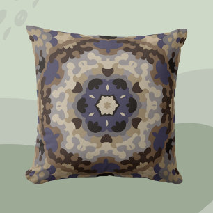 Almofada Retro Mandala Flor Azul Tan e Castanho