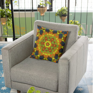 Almofada Retro Mandala Flor Laranja Amarelo e Azul
