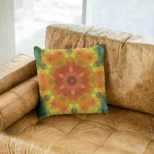 Almofada Retro Mandala Flor Laranja Amarelo e Verde