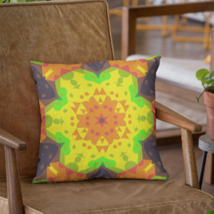 Almofada Retro Mandala Flor Laranja Amarelo e Verde