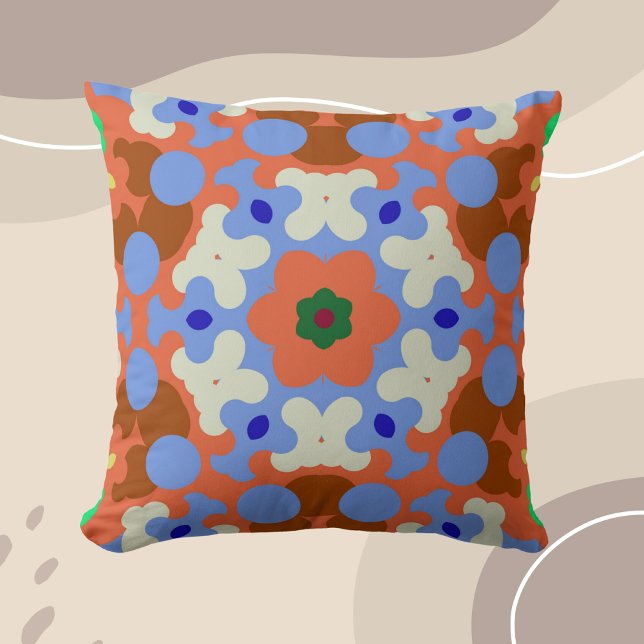 Almofada Retro Mandala Flor Laranja Azul e Amarelo (Criador carregado)