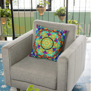 Almofada Retro Mandala Flor Laranja Vermelho e Azul